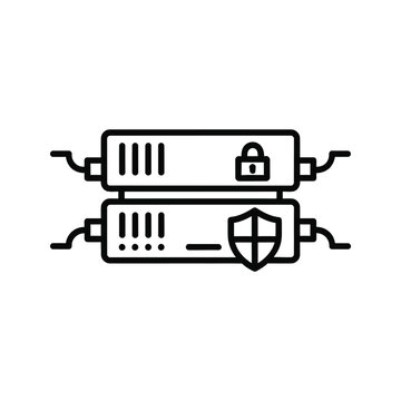 Server security concept with padlock and shield icons on connected racks, illustrating data center protection and secure network infrastructure, isolated on white.