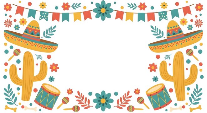 Vibrant mexican fiesta border with sombreros and cacti isolated on white background