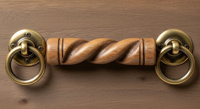 A close up view of an ornate metal door handle with twisted design and circular ring attachments illustration