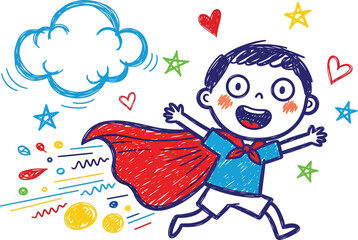 Hand drawn superhero boy vector illustration, happy child in red cape running with stars and hearts, playful crayon doodle sketch for kids