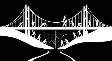 Fototapeta premium People exercising on suspension bridge.