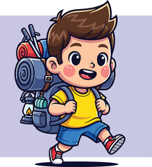 Naklejka premium Cartoon boy hiker with backpack and camping gear, cute young traveler character, little scout walking with trekking equipment vector illustration