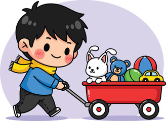 Kawaii cartoon boy pulling red wagon full of toys, cute child character with teddy bear and bunny, playful childhood illustration vector © Hiền