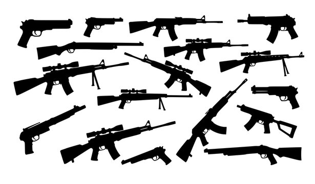 Scattered firearm and gun silhouettes collection with rifles pistols and shotguns black vector icons