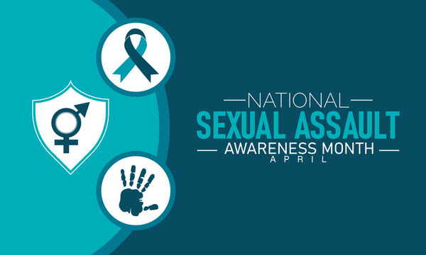 Sexual assault awareness month icons and text with teal ribbon with gender symbols social issue