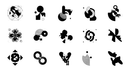 Obraz premium Abstract art icons set with geometric shapes and patterns in black and white featuring design, vector, illustration with modern and minimalist