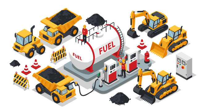 Isometric vector illustration of yellow construction vehicles fueling at busy fuel station depot