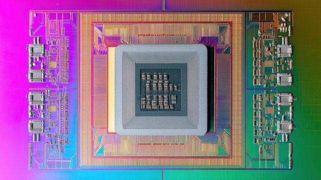 Closeup silicon chip die showing colorful photolithography layers, tiny transistor arrays, metallic bond pads, microscopic traces, iridescent wafer sheen, precision geometry, laboratory inspection