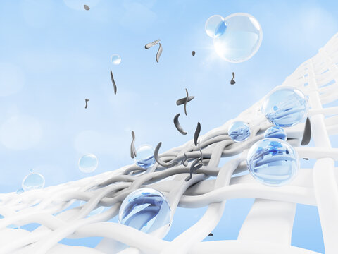 3d stain remover soap bubbles clean dirty fabric fibers. Liquid laundry detergent, washing gel, oxygen brightener. White cloth texture with blue transparent foam spheres, water drops. 3D illustration