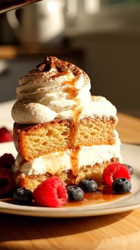 Slice of layered Tres Leches cake topped with a whipped cream swirl and cocoa powder, served with fresh raspberries and blueberries in a pool of coffee syrup on a plate.
