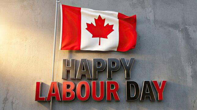 Canadian flag waving with happy labour day text on concrete wall background