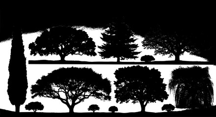 Obraz premium Trees silhouette set with various shapes and sizes in black and white featuring nature, landscape, forest with park and garden elements for outdoor,