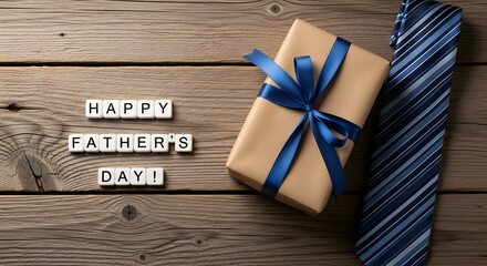Obraz premium Happy father's day gift a tie and present on wood