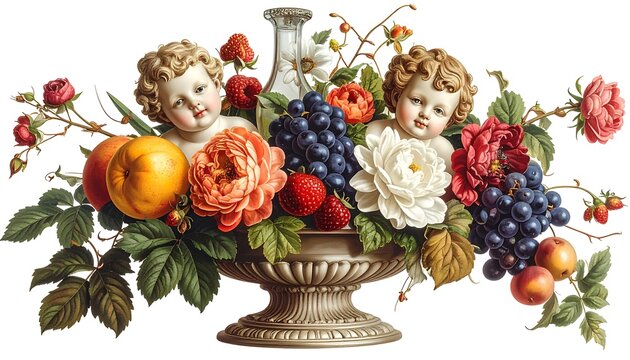A classical still life with two cherubic figures, abundant flowers, and various fruits in a decorative urn