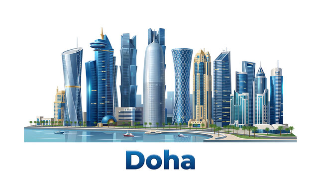 Doha, Qatar modern city skyline illustration with skyscrapers and bay on white background, urban architecture vector art