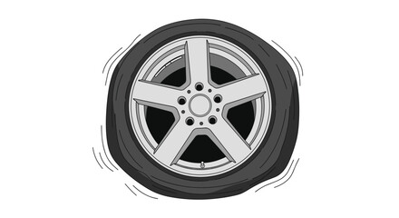 Obraz premium Flat car tire on a silver alloy rim with motion lines, vector illustration showing a roadside emergency, puncture, or vehicle maintenance.