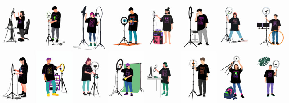 Studio Setup Assembly: A diverse group of content creators and technicians, working together to set up various lighting equipment, cameras, and gear in a vibrant studio setting.