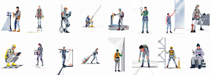 Fototapeta premium Safety on High: A visual narrative unfolds, spotlighting diverse workers in a high-rise environment, each diligently performing their duties while prioritizing safety, with every gesture, tool.
