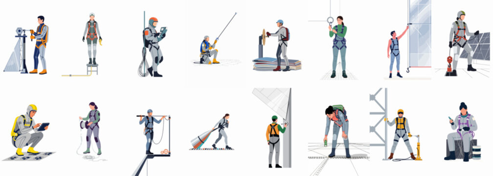 Safety on High: A visual narrative unfolds, spotlighting diverse workers in a high-rise environment, each diligently performing their duties while prioritizing safety, with every gesture, tool.