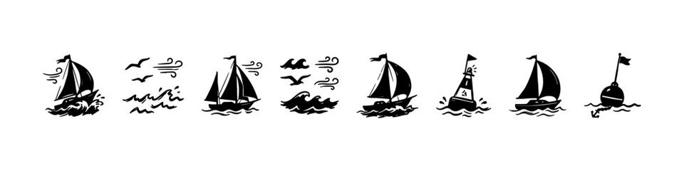A set of hand-drawn nautical doodle icons featuring sailing ships on ocean waves, seagulls in flight, wind symbols, a lighthouse buoy, and an anchor. © Ірина Гринюк
