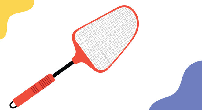 Red fly swatter with a mesh net and handle, practical household item illustration for pest control, sanitation, and insect removal concepts.