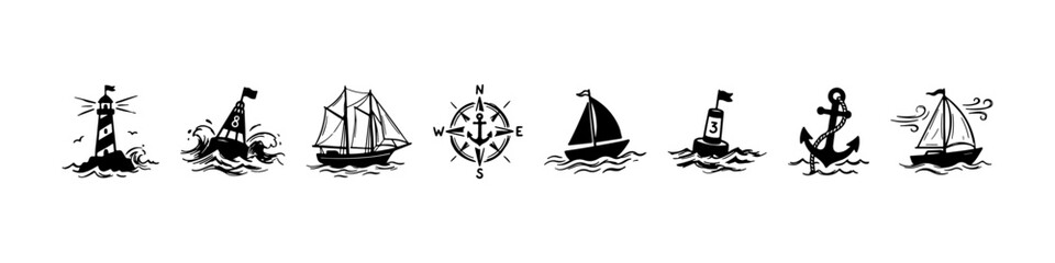 A set of detailed nautical doodle icons representing maritime navigation, sea travel, and sailing adventures on the ocean. © Ірина Гринюк