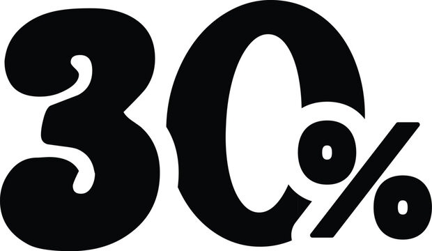 Bold black graphic of the number thirty with a percentage sign. Retro style typography for sales promotions, discounts, or statistical data, isolated on a white background