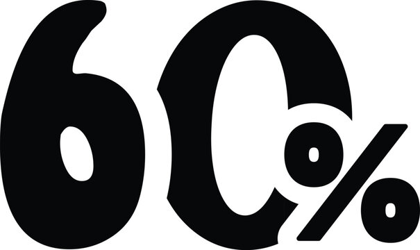 A bold, stylized sixty percent typographic icon in black. This isolated vector graphic represents a 60% discount, sale promotion, or a statistical figure for business and finance