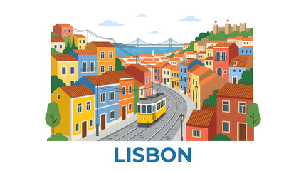 Naklejka premium Lisbon, Portugal cityscape vector illustration with historic tram, colorful houses, bridge, and castle