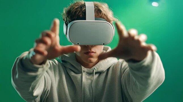 Young person immersed in a captivating virtual reality world, interacting with advanced digital environments with intuitive hand gestures to explore new dimensions