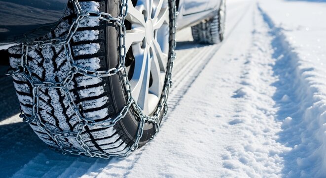 Car tire with snow chains on winter road covered in fresh snow. Snow chains provide enhanced traction for vehicles on icy terrain while navigating winter conditions.