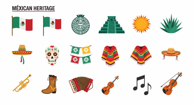 Mexican Heritage Cultural Symbols Icons.