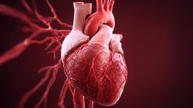 Heart anatomy illustration showing detailed structure and blood vessels in three dimensions