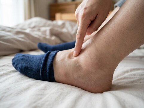 指で押すと凹む深刻な足のむくみ。重度の浮腫を確認するシニア女性のヘルスケア素材