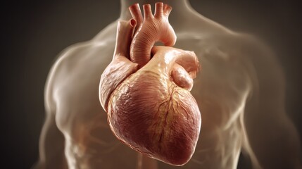 Close-up view of human heart inside torso showing anatomical structure and details