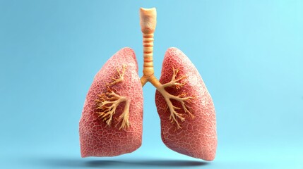 Close view of human lungs with bronchi and alveoli on light blue background