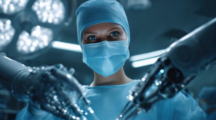 Female surgeon operates with robotic instruments in a futuristic setting