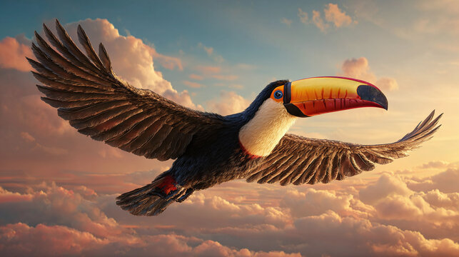 A photograph of a vibrant toucan in mid flight seen from a unique low angle that emphasizes its broad spread wings and colorful chest capturing a moment of natural beauty