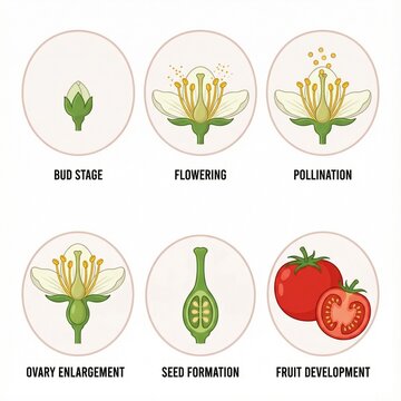 Visual guide to plant reproductive cycle bud, flower, pollination, seed formation, and fruit development stages, illustrating botanical growth