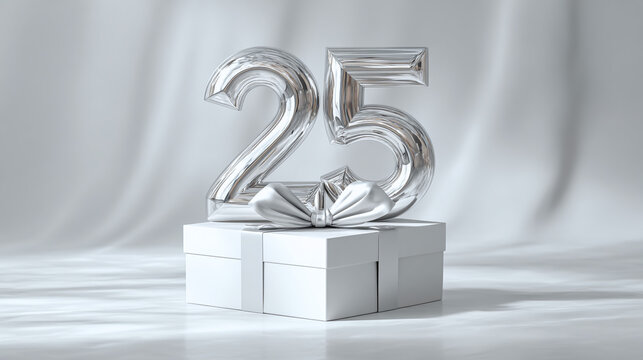 Silver number 25 on a podium with a white background symbolizing a silver wedding anniversary celebration. Silver jubilee