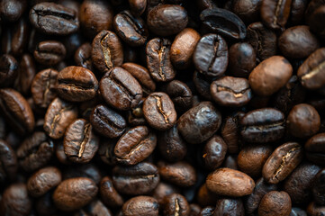 Fototapeta premium Close up of frame filled with roasted coffee beans in shades of brown.