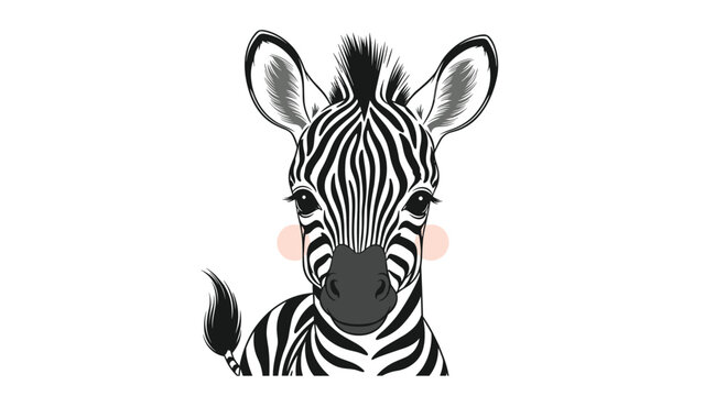 Detailed artistic close-up illustration of a zebra face with pink cheeks and black and white stripes on a white background.