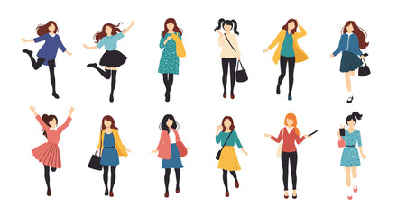 Fototapeta premium Large group of fashionable women standing in various stylish outfits to represent modern clothing trends and diversity.