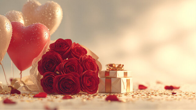 Romantic Valentine's Day background with red roses, dew drops, heart balloons, and gift boxes. Golden hour light, cinematic. Red and champagne gold. 45-degree with copy space. For 520 love theme.