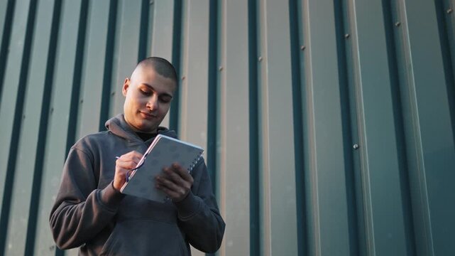 Young student with a shaved head writing creative ideas and notes in a journal against an urban industrial wall background