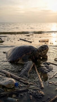 Sea turtle plastic pollution beach ocean wildlife conservation, critical oil effect near polluted shore amid debris sunset highlighting marine trash