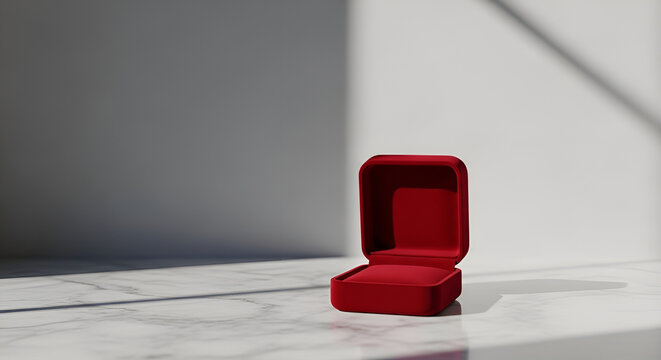 Elegant empty red velvet jewelry box on white marble with natural light and shadows