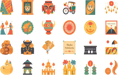 Fototapeta premium Colorful vector illustration set with traditional patterns and fun seamless vector design for decorating, Pohela Boishakh, Bengali New year festival