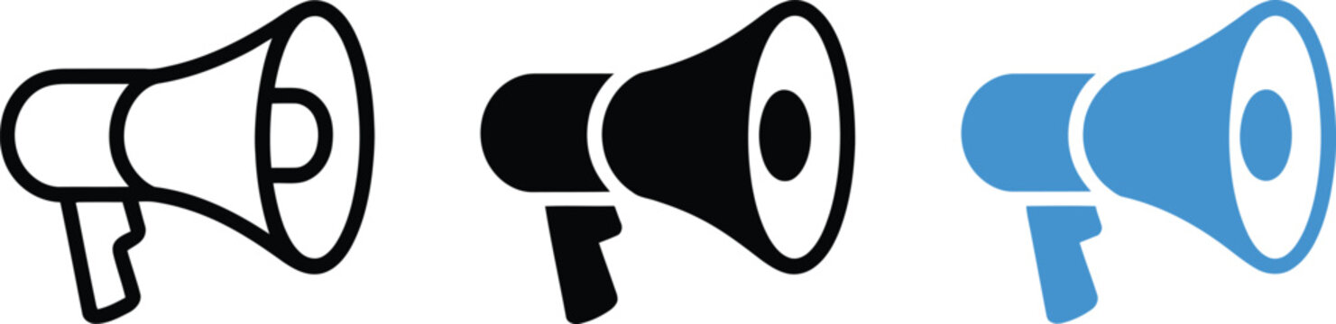 Megaphone icon set, vector illustration of three loudspeaker icons in white black and blue for announcements communication and marketing promotion design.