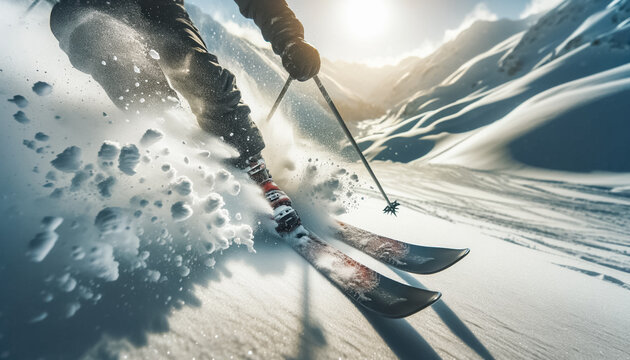 Skier's Feet Carving Through Fresh Powder in Dynamic Motion